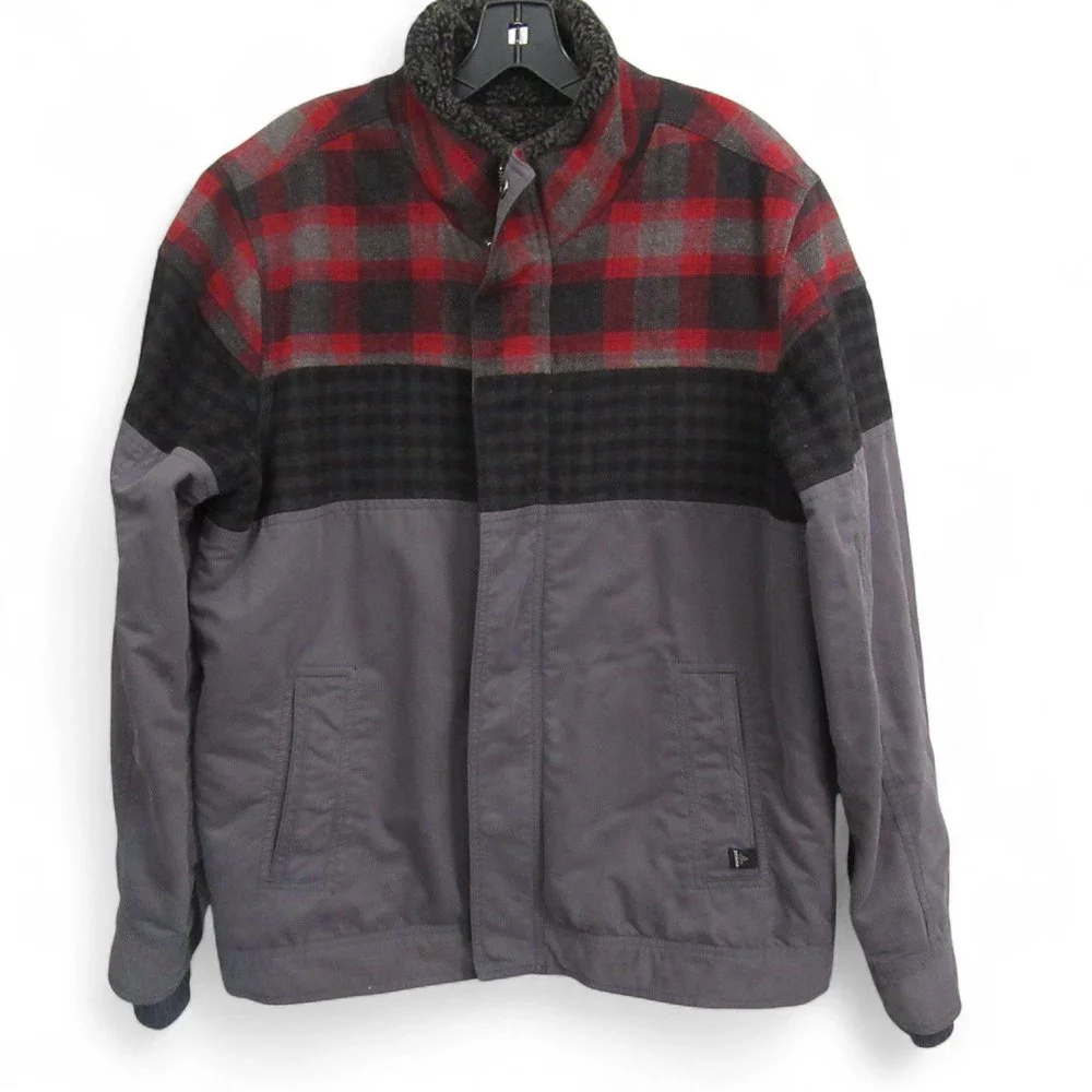 Prana Mens Jacket M Regular Gray Red Plaid Cotton Wool Fleece Trim‎ Lined Full